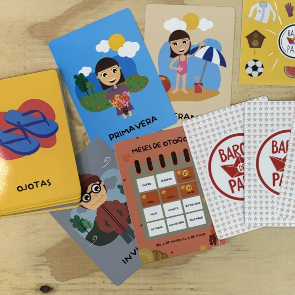 Cartas de aprendizaje Las Estaciones, El Clima y La Ropa Juego de Cartas Con Lobro de Actividades